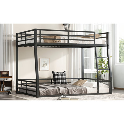 Black Full Xl Over Queen Metal Bunk Bed For Teens And Guests - Space, Low Design, Noise-Reducing, Frame Noise Reduced, Matte Black, With Guardrails, Long-Lasting Quality