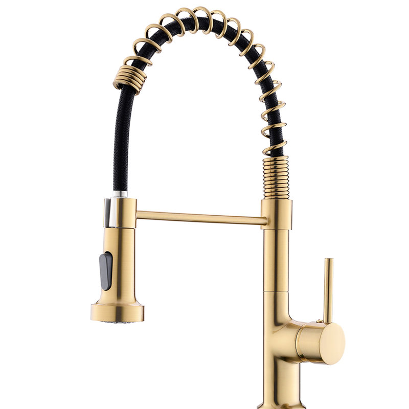 Robinet de cuisine contemporain doré avec segment rétractable, levier à poignée simple, rotation sur 360 °, bec arqué haut, robinet en céramique, unité commerciale en laiton