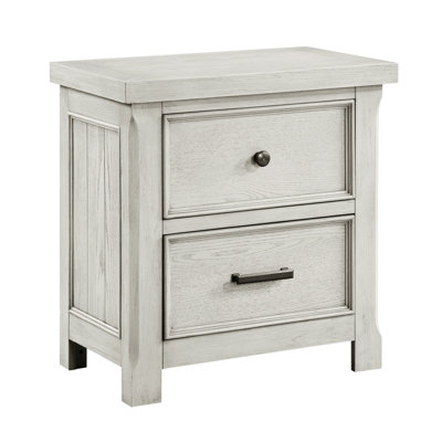 Table de chevet grise à 2 tiroirs en bois de style classique, poignée de bar noir antique, idéale pour une armoire de chevet de chambre à coucher, bouton, glissières à roulement