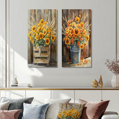 Tournesol et bouquet de blé à la ferme I - Collection de 2 panneaux décoratifs floraux