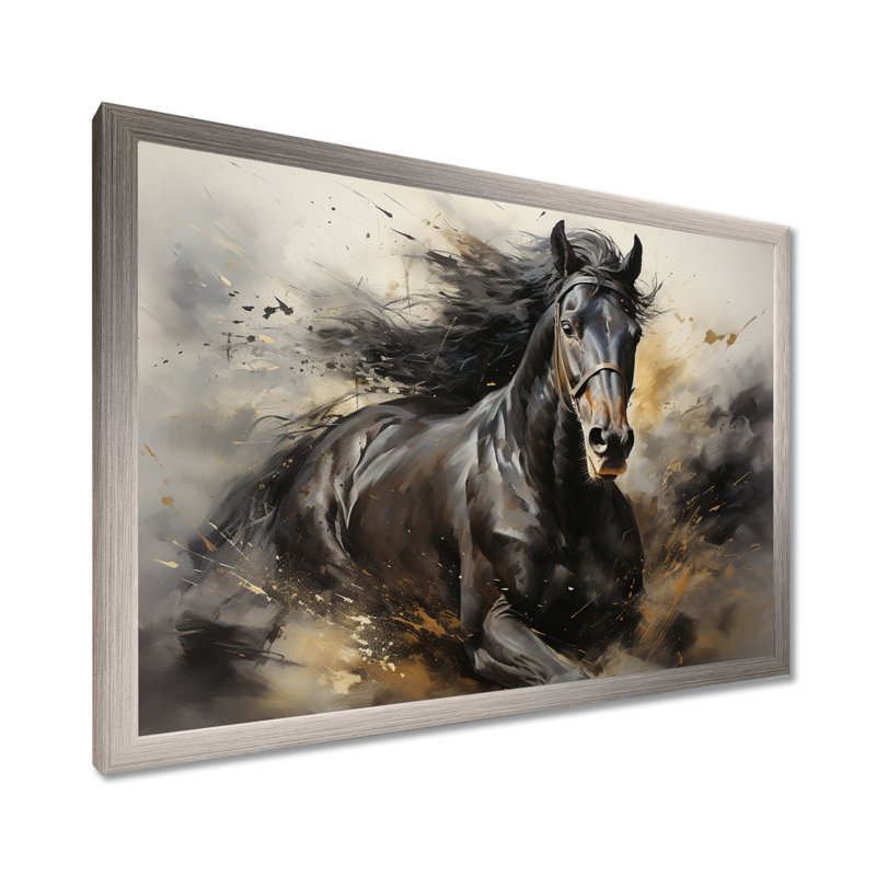 Étalon noir en mouvement I - cheval, art mural, Cadre simple argenté, H 24 po x l 32 po x P 1 po