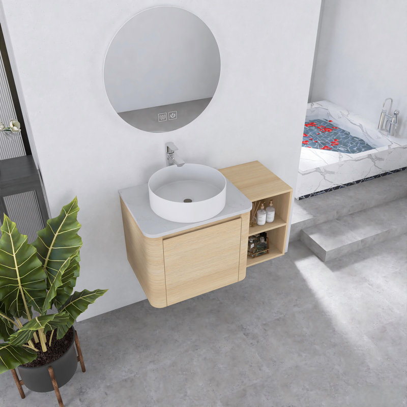 Meuble-lavabo mural 36 po avec lavabo d'art en céramique et tablettes de rangement, chêne blanc américain, Blanc
