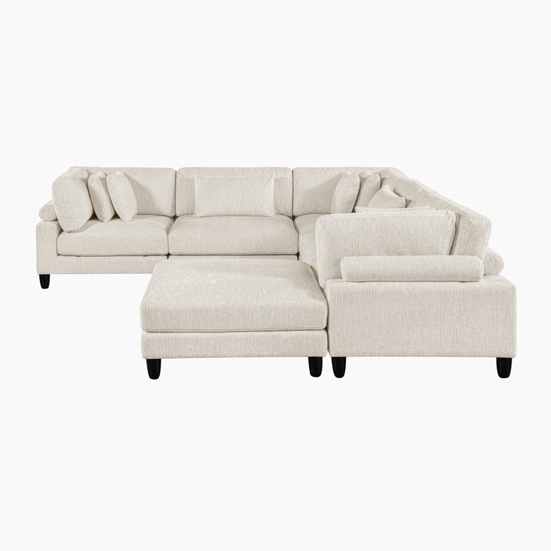  Loowit 120" Modern & Contemporary Corduroy 6-Piece Modular Sectional with Ottoman & 8 Matching Pillows, Beige Microfiber