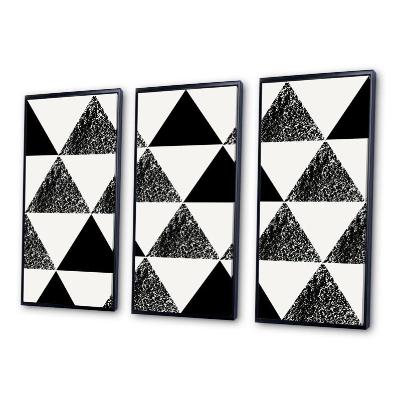 «Monicolor Triangles II», reproduction sur toile flottante 3 pièces, Cadre noir, H 28 po x l 36 po x P 1 po