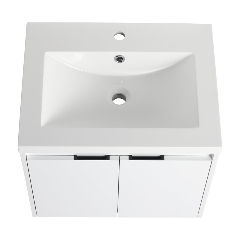 Meuble-lavabo mural 24 po avec lavabo en résine, 2 charnières à fermeture en douceur, fixation à flotteur, blanc brillant et portes de salle de bain élégantes, fixation, look contemporain, installation facile à nettoyer