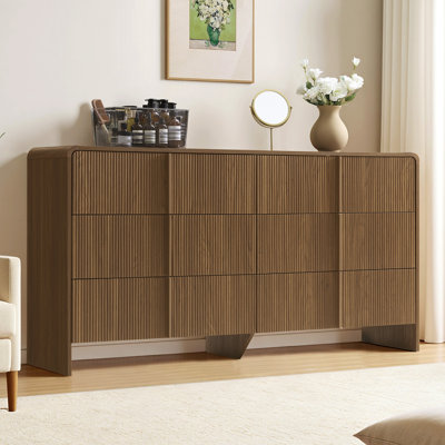 Modern 6 Drawer Dresser with Fluted Front and Curved Corners, 63" Wide Storage Chest with Pine Handles