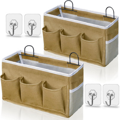 2 pièces 3 poches Grand sac de rangement mural, paniers de rangement suspendus en tissu de lin avec poches, bac imperméable pour la cuisine, la chambre à coucher, le bureau, le camping-car (kaki - 2 pièces)