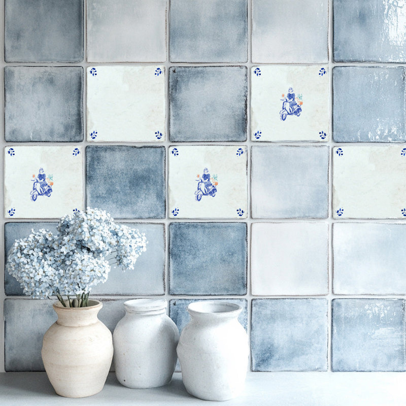 Carreau de mosaïque autocollant en vinyle bleu et blanc vintage Vespa 8 po x 8 po