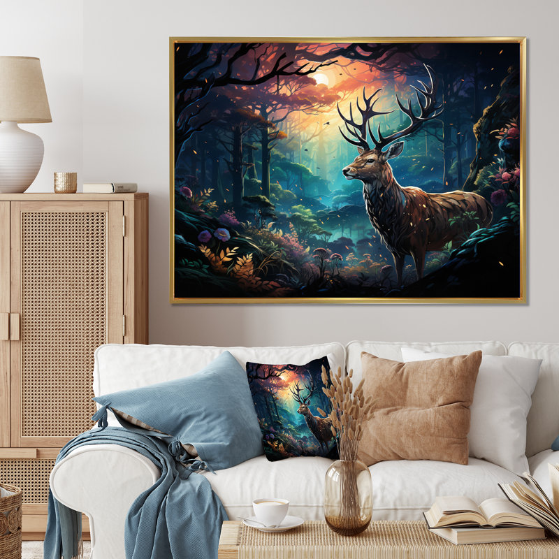 Art mural sur toile, "Deer Enchanted Forest I", Cadre flottant doré, H 30 po x l 40 po x P 1,5 po