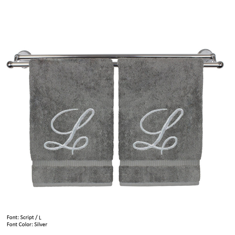 Ensemble de serviettes 2 pièces 100% coton monogramme, Gris/argent, E