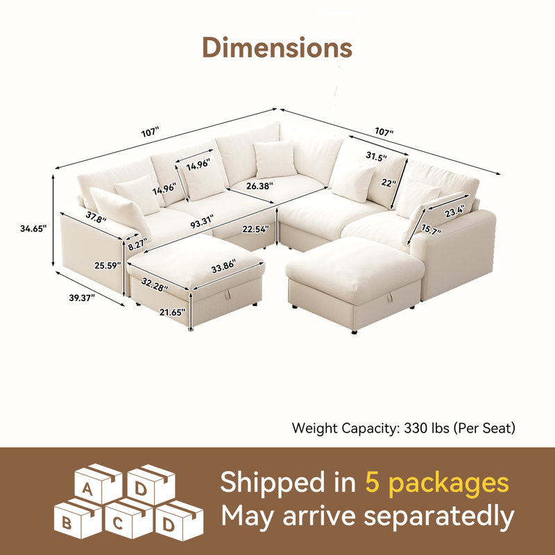Canapé d'angle modulaire Cloud 5 places en chenille moderne de 107 pouces avec deux poufs de rangement, Chenille beige