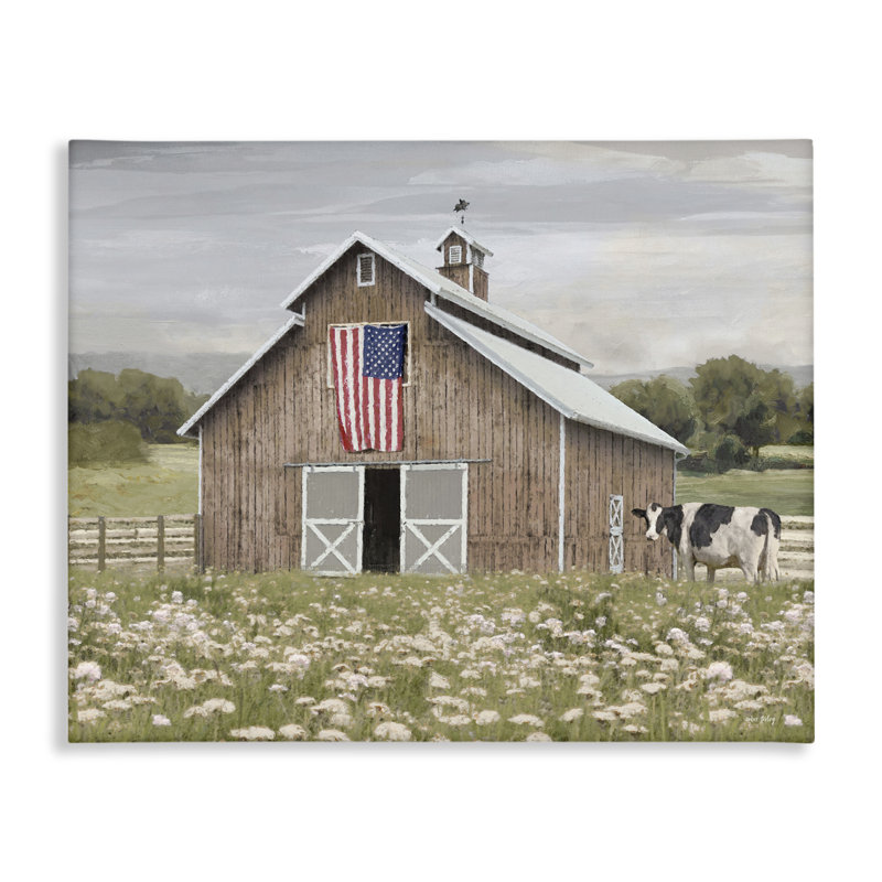  Art mural sur toile Patriotic Barn & Cow par Amber Sterling, H 30 po x l 40 po