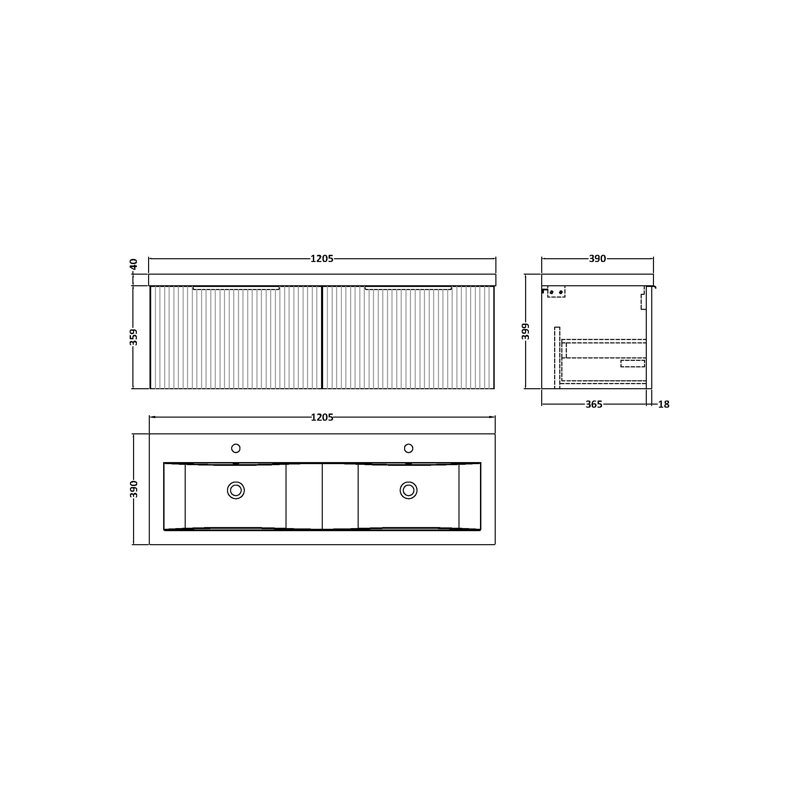 Fluted 1205mm Double Bathroom Vanity with Drop In Vitreous China Basin, Satin White