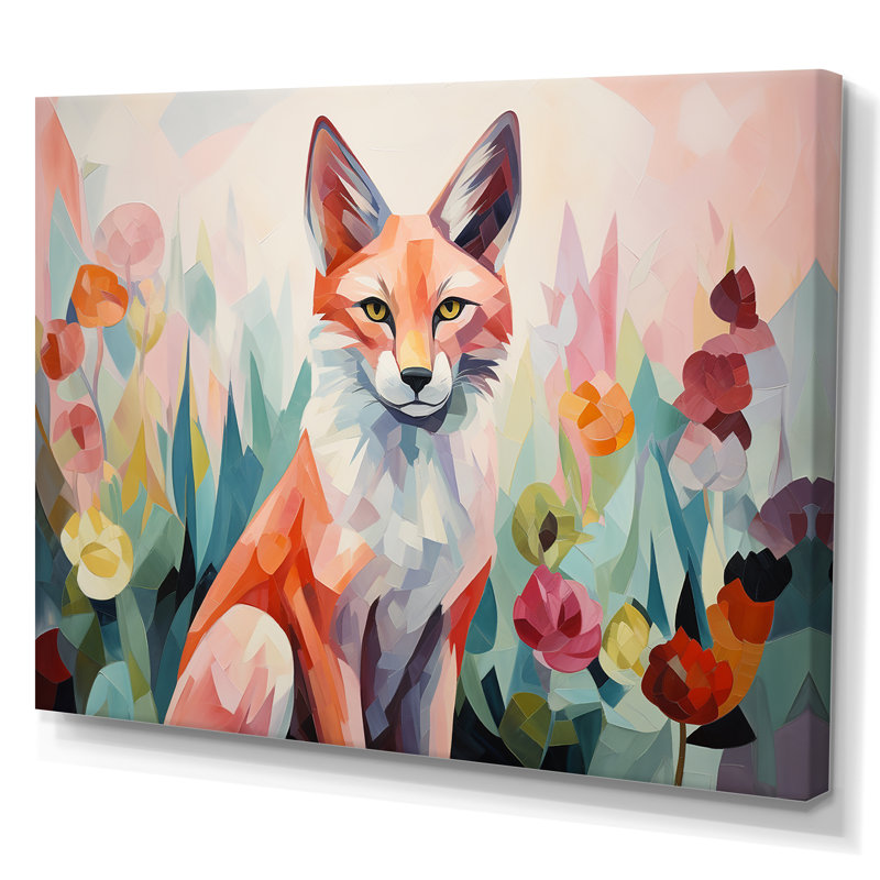 Art mural orange et rose, renard dans un style matte I - Renard, Toile tendue, H 30 po x l 40 po x P 1,5 po