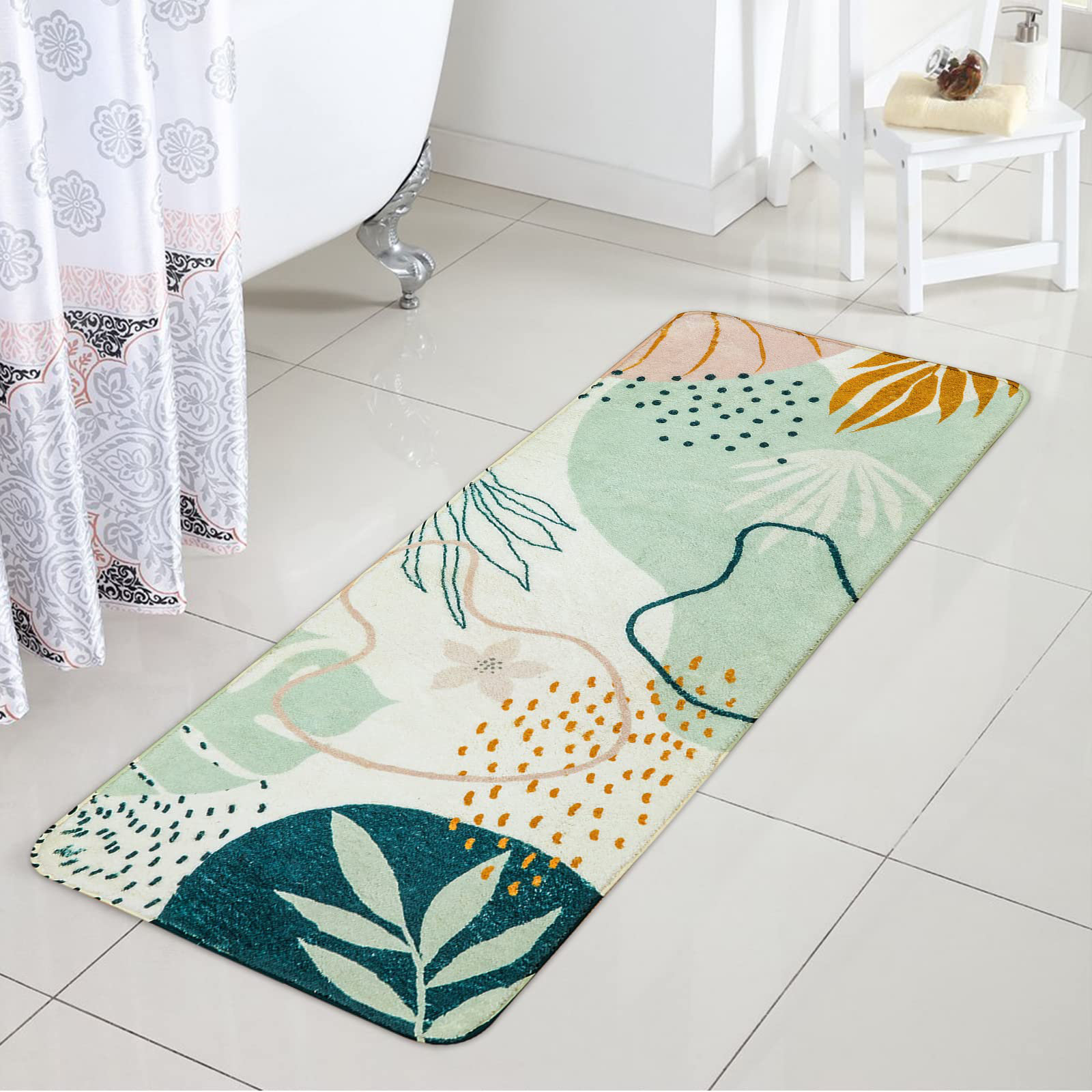 Leaves Bathroom Runner Rug 24X60 Non Slip Long Bathroom Rugs Green