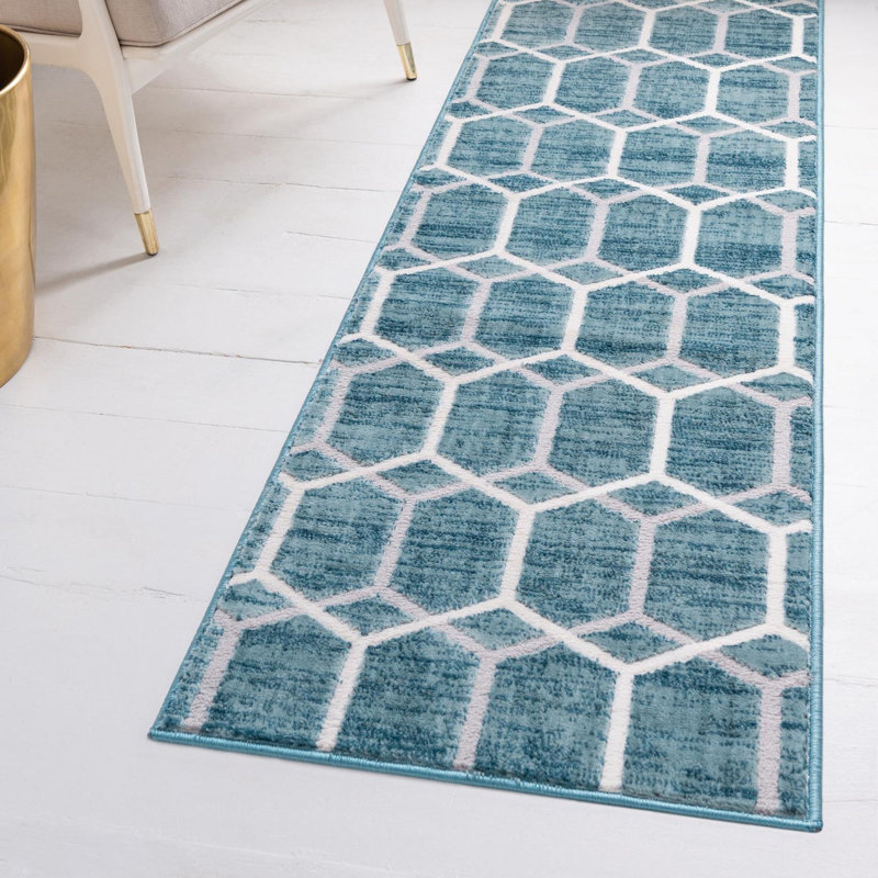 Tapis bleu / ivoire en laine Numa, Tapis de couloir 2 pi x 8 pi
