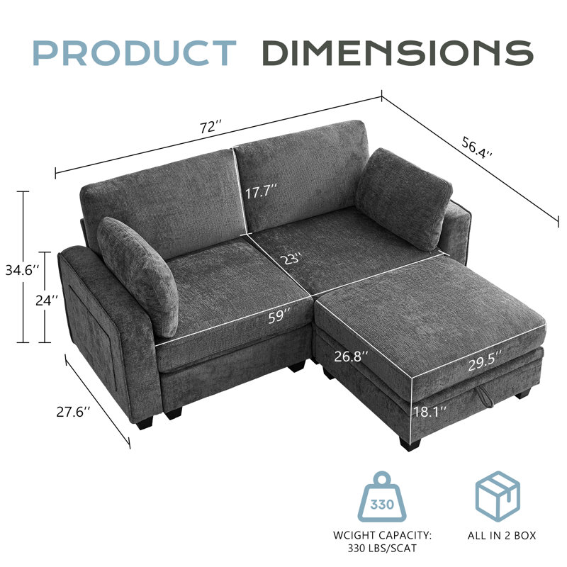 72" Modular Sectional Sofa With Storage Ottoman, L Shape Convertible Cloud Sofa Sectional Couches For Living Room Comfy Chenille Deep Seat Couch With Chaise