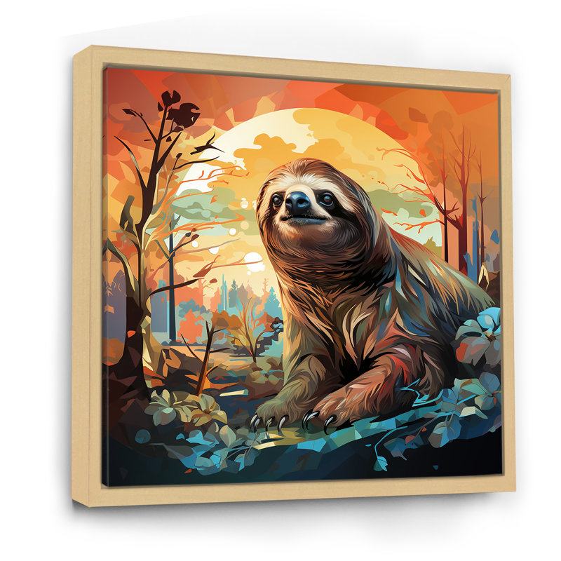 «The Serenity Of Sloth At Sunset I» - art mural paresseux, Black Picture Framed, H 16 po x l 16 po