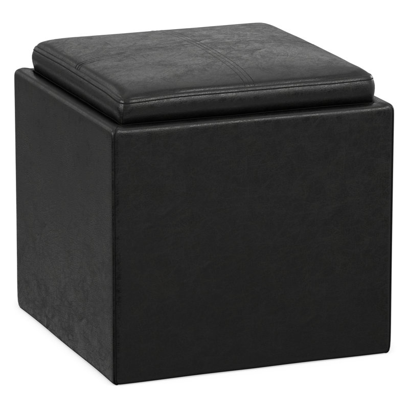 Repose-pieds carré contemporain avec rangement en cuir végétalien et plateau basculant Rockwood, Similicuir noir vieilli