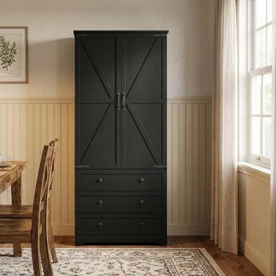 Armoire de cuisine Farmhouse - grandes armoires de rangement en bois de 72 po de hauteur avec tablettes réglables, 2 portes de grange et 3 tiroirs, rangement polyvalent pour la salle à manger, la salle de bain et le salon