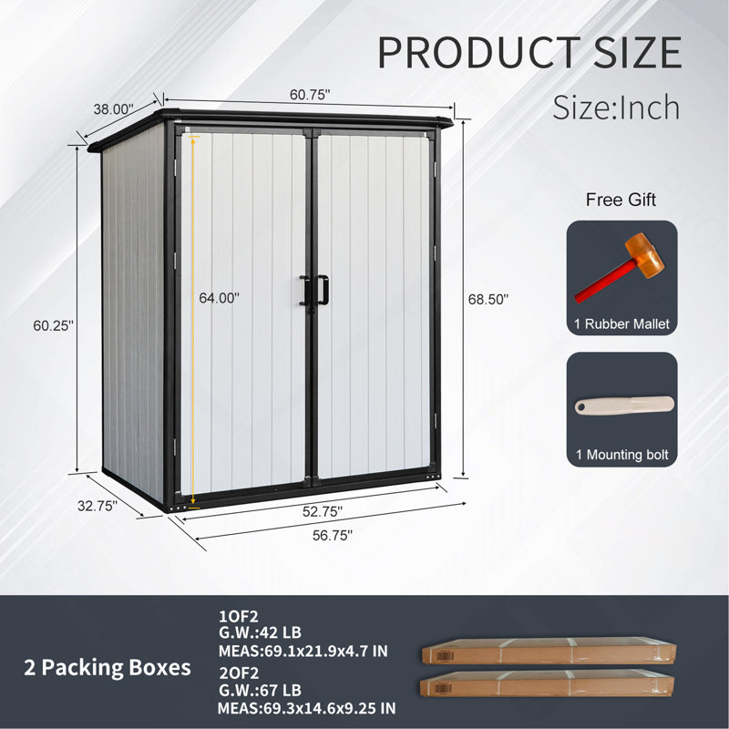 Armoire de rangement extérieure en résine imperméable 5X3ft avec portes verrouillables pour vélos et meubles de patio, Noir