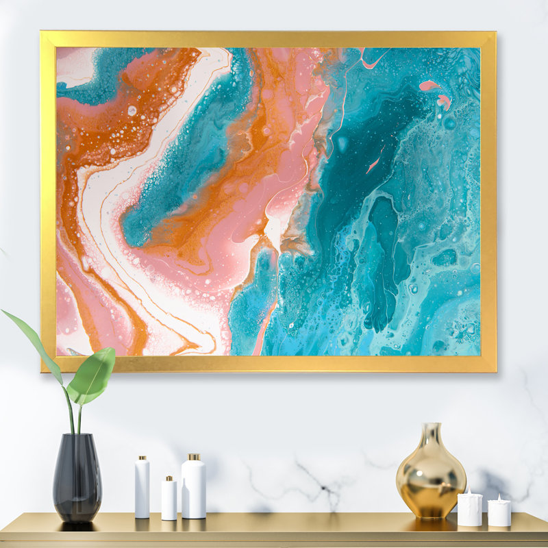 Turquoise et vagues de marbre rose II - peinture sur toile, H 34 po x l 44 po x P 1,5 po, Cadre doré