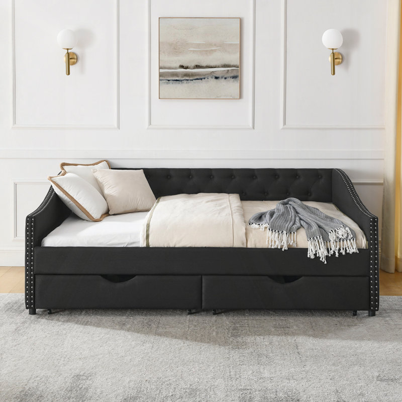 Upholstered Full Size Daybed with Drawers, Full/Double, Black