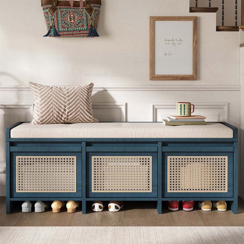 Banc pour chaussures rétro avec tiroirs en rotin et coussin touffeté à boutons, Antique Navy