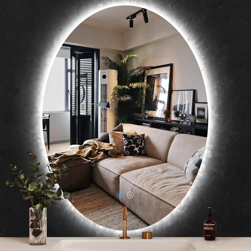 28 po. 40 po. Miroir de salle de bain ovale rétroéclairé sans cadre avec rétroéclairage à DEL à 3 couleurs à intensité variable pour mur de salle de bain