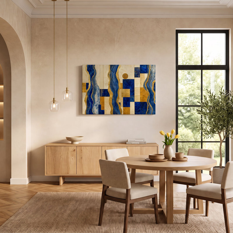 Impression sur toile d'une peinture abstraite géométrique fluide bleue et dorée - 20 x 30 pouces, H 20 po x l 30 po