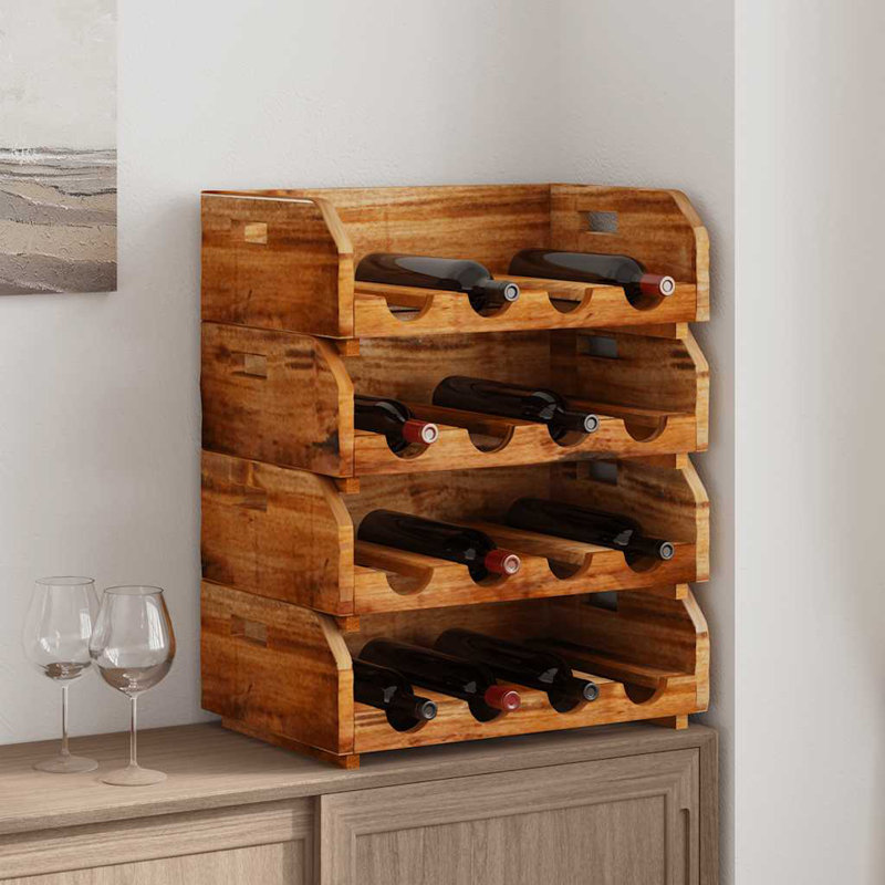 Wine Rack 4 pcs, Wine Bottle Holder for 16 Bottles, Handmade Floor Wine Cabinet Brown Solid mahogany wood 18.1" x 11.8" x 5.9" 