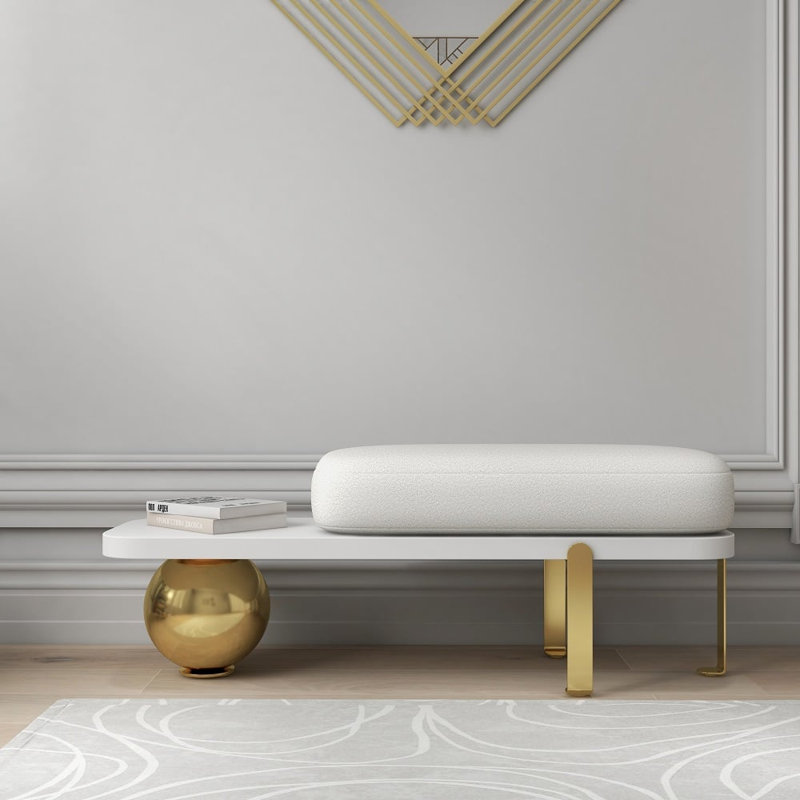 Boucle Upholstered Bench, Gold/White