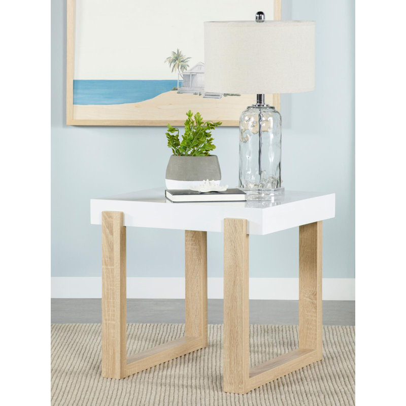 Rectangular End Table With Sled Base White High Gloss And Natural