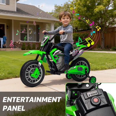 MUKIDY 12V Kids Motorcycle with Treaded EVA Tires, Electric Dirt Bike for Kids Aged 3-8, Battery Powered Ride On Toy Motorcycle for Kids Christmas Gift,with Safety Training Wheels,Spring Suspension-Green