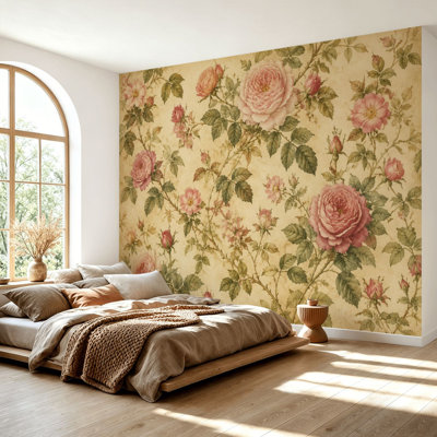 Wall Mural Peel and Stick Wallpaper Vintage Rose Floral Soft Pink Blossoms Green Leaves Antique Beige Self-Adhesive Removable Contact Paper Wall Decor for Living Room Bedroom 69"H x 96"W