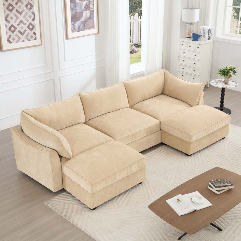 Canapé en U à 3 places avec 2 repose-pieds et tiroirs coulissants, Chenille blé
