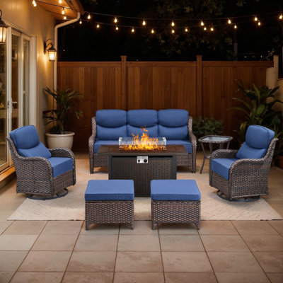 Abbey 9-Piece Wicker Patio Furniture Sofa Set With Fire Pit Table, 6-Inch Thick Cushion Swivel Glider Chairs & Ottomans by Lark Manor