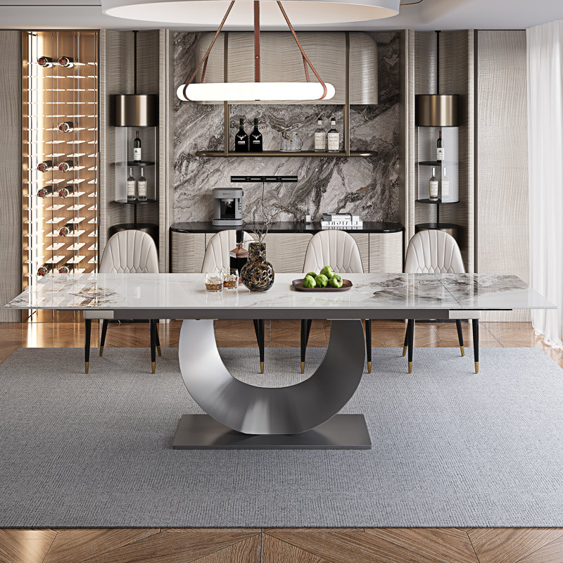 Ensemble de table de salle à manger extensible en fritté de 94,5 po avec 8 chaises en similicuir, ensemble de salle à manger de luxe moderne 9 pièces avec base en U en acier inoxydable