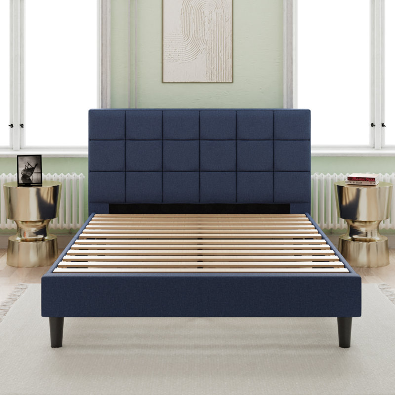 Lit plateforme tapissier Suhavi, Grand, Bleu marine