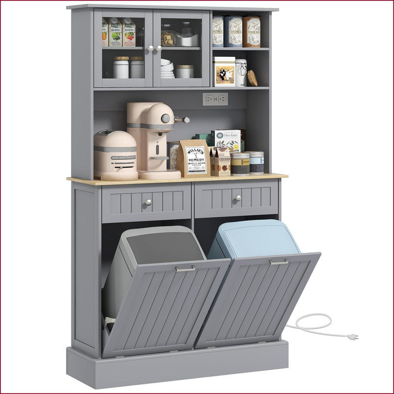 Armoire de cuisine avec station de charge, poubelle inclinable et amp; Support pour micro-ondes, gris | Portes en verre | Panneau de fibres à densité moyenne