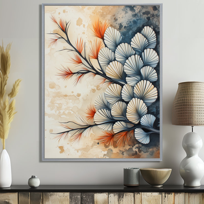 «Pine Branch in Sumi-E II», art mural japonais minimalisme japonais, H 32 po x l 24 po, Encadrement argenté