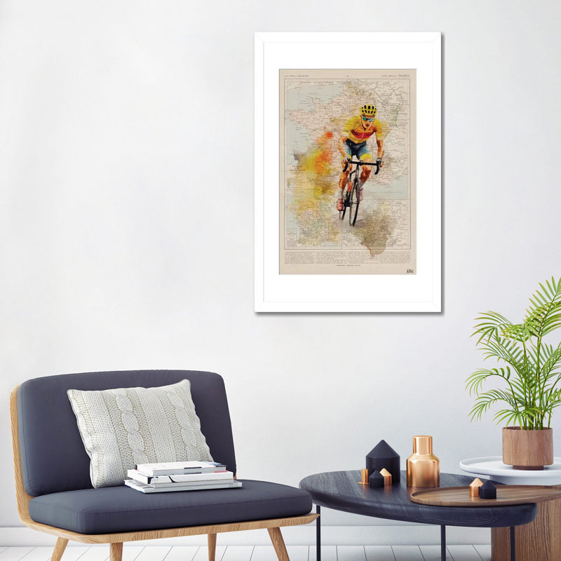 Tour de France, aquarelle, Papier avec cadre blanc ouvert, Blanc, H 32 po x l 24 po x P 1 po