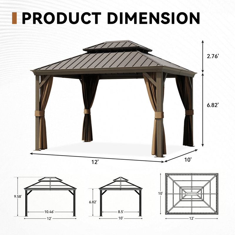 Pavillon de jardin d'extérieur en aluminium à toit rigide muni d'un toit à double couche, de rideaux et d'une moustiquaire
