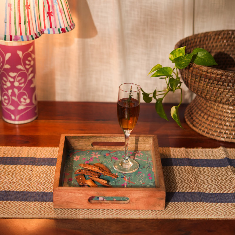 Floral Mango Wood Serving Tray with Handles | Handcrafted Decorative Serving Tray in Aqua | Wooden Tray for Coffee Table, Kitchen, Entertaining & Home Décor