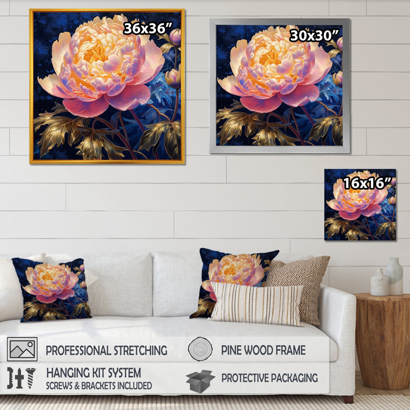 Décoration murale pivoines roses avec feuilles dorées - pivoines_105704, H 24 po x l 24 po x P 1 po, Encadrement doré
