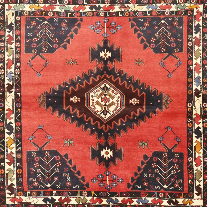 Tapis traditionnel rouge / noir / jaune clair, Carré 6 pi