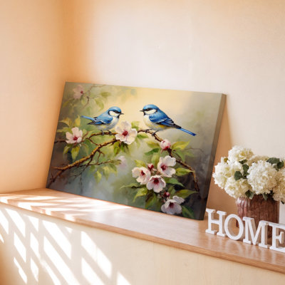 Bluebirds on Branch With Blossoming Flowers Nature Decor, impression sur toile murale pour le salon, la chambre à coucher, le bureau, le couloir, le vestibule, le mur de la galerie et la décoration intérieure moderne