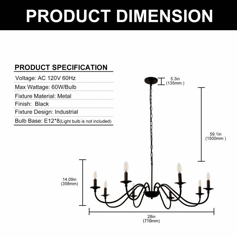 Eila 8 - Light Dimmable Geometric Chandelier, 14" H x 28" W x28" D