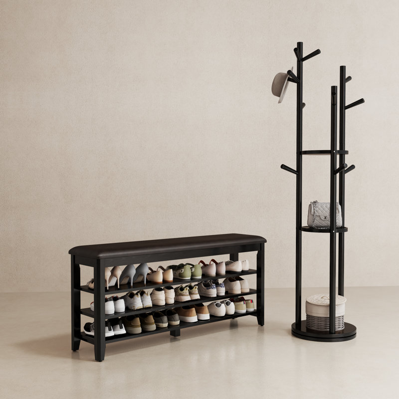 Banc à chaussures en bois massif à 3 niveaux Adryell avec rangement, Noir, H 20,4 po x l 47,2 po x P 11,8 po