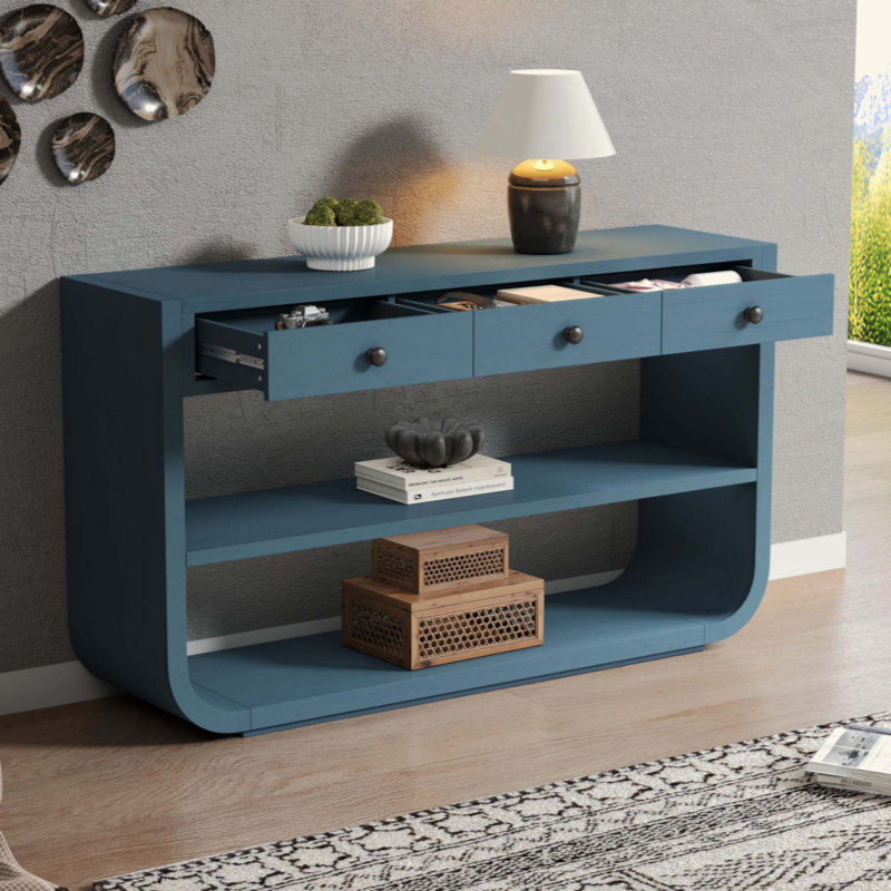Console moderne avec 3 tiroirs à fermeture en douceur et 2 tablettes ouvertes, base en bois massif, table d'entrée pour le vestibule